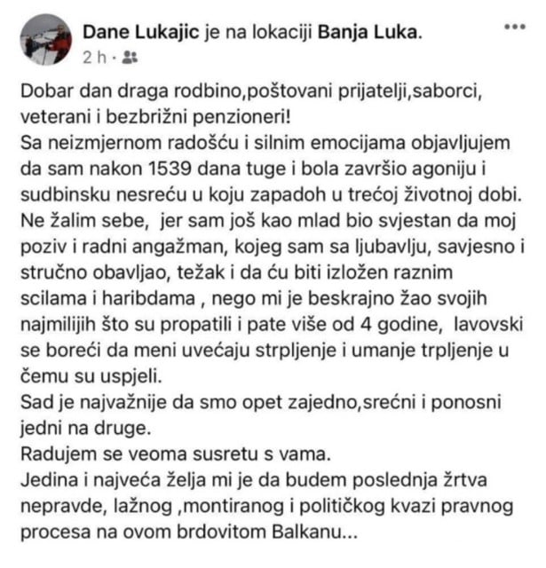 Dane Lukajić - na slobodi